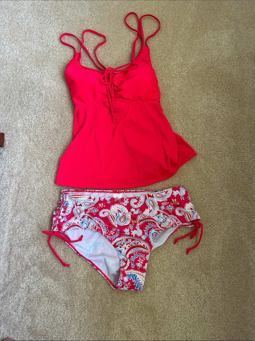 Women’s Red Tankini Top & Paisley Bikini Bottom Swim Set